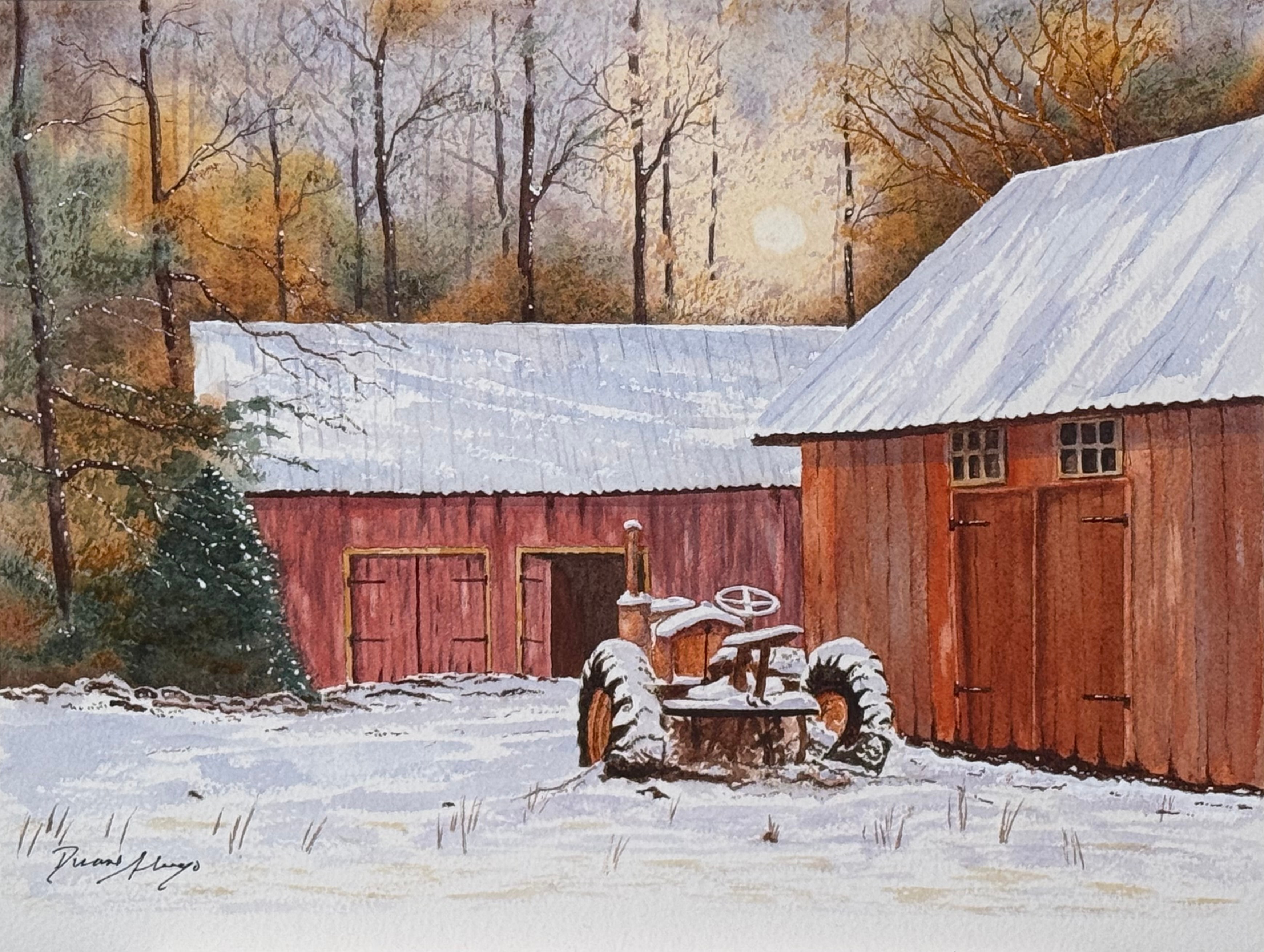 Snowy Barn with Tractor